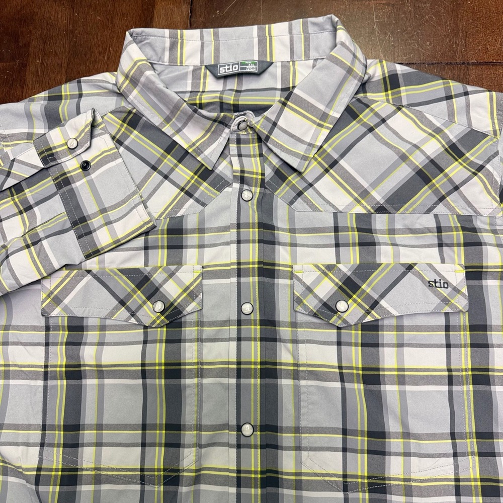 Stio Eddy Shirt Men XXL Grey Yellow Plaid Pearl Snap Technical Western FW23FOC1